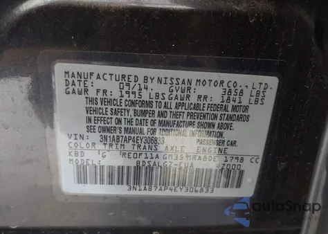 2014 Nissan Sentra Sl z USA, uszkodzony, nr VIN 3N1AB7AP4EY306833